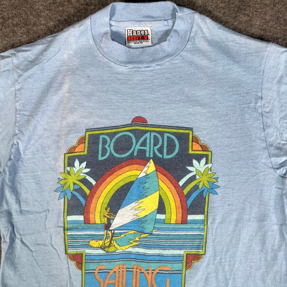 Vintage 70s Hanes Beefy-T Board Sailing T-Shirt Light Blue Single Stitch Medium